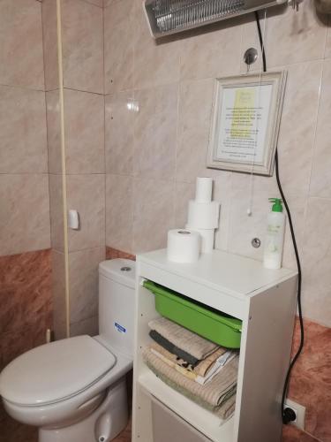 a bathroom with a toilet and a shelf with towels at Alojamiento Quintanilla in Gijón