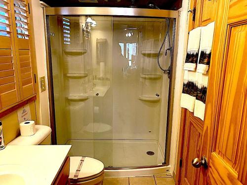 a glass shower in a bathroom with a toilet at Little Heaven in Young Harris