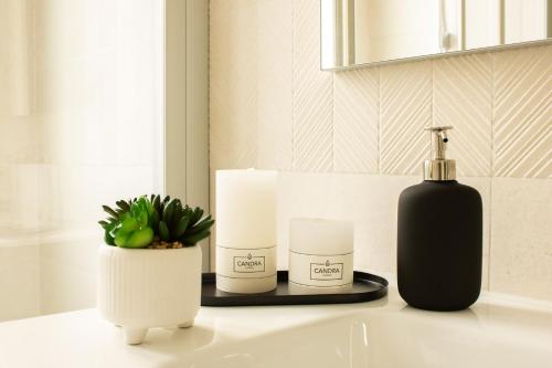 a bathroom counter with a bottle of soap and candles at Mias flat in Scandicci