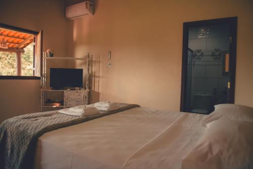 a bedroom with a bed and a window and a television at Pousada Chalés do Rancho Canastra in Vargem Bonita