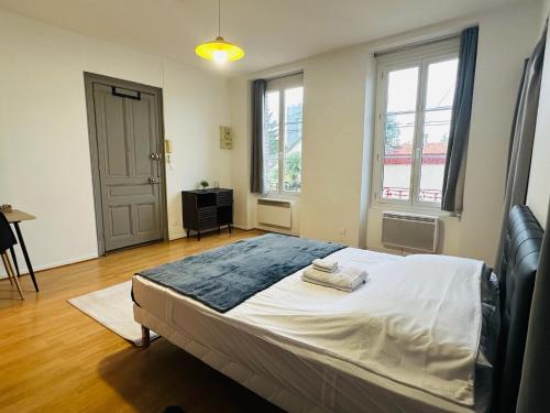 Un dormitorio con una cama y dos ventanas. en Studio 6 Proche Centre Ville avec Wifi Parking Troyes, en Troyes