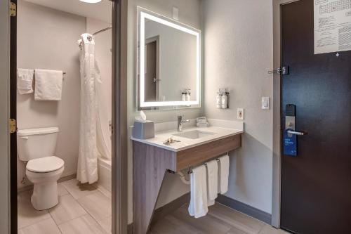 a bathroom with a sink and a toilet and a mirror at Holiday Inn Express Portland East - Columbia Gorge by IHG in Troutdale