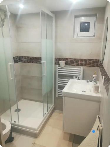 une salle de bain avec une douche, un lavabo et des toilettes dans l'établissement Ready Appartement proche aéroport Orly, à Athis-Mons