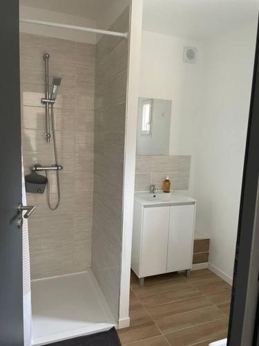 a bathroom with a shower and a sink at Les Chalets du Mancel Chalet Maïka -Bouleries Jump - 24h du Mans in Parence