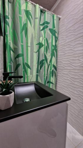 a bathroom sink with a green and white shower curtain at Rebeka Apartment in Tryavna