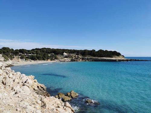une plage avec de l'eau bleue et un rivage rocheux dans l'établissement Studio Le Calme, plages à pied et grand jardin, La Couronne, à Martigues