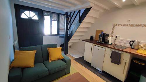 un salon avec un canapé et une cuisine dans l'établissement Tiny&Green House 2, à Ivry-sur-Seine