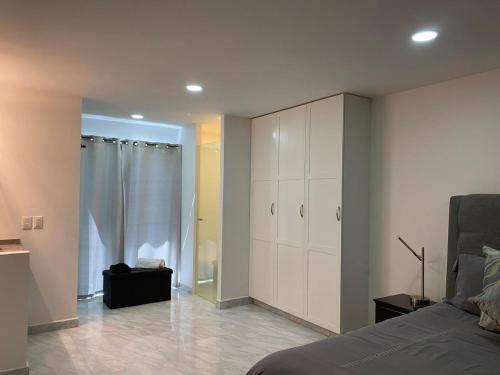 a bedroom with a bed and a bathroom with a shower at Excepcional One bedroom Suite in Cabo San Lucas