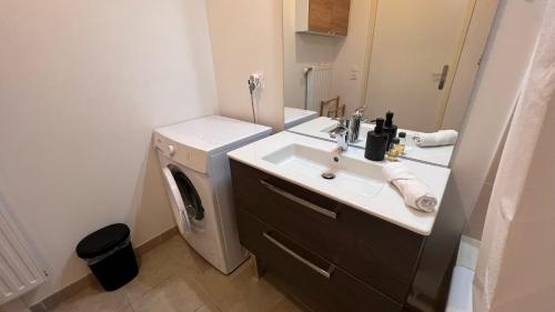 une salle de bain avec un lavabo et une machine à laver dans l'établissement La Plaine St Denis, Paris Stade de France, à Saint-Denis