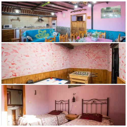 two pictures of a room with two beds and a kitchen at El Robledillo in Robledillo