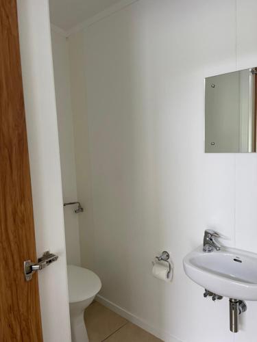 a white bathroom with a toilet and a sink at Mataki Motel in Murchison