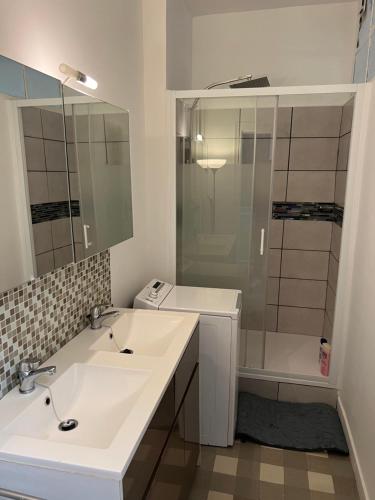 une salle de bain blanche avec deux lavabos et une douche dans l'établissement Charmant appart o cœur de Nantes, à Nantes