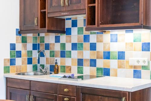 a kitchen with a sink and colorful tiles on the wall at International House Sölden Studio mit Bergblick ZW 1 in Sölden