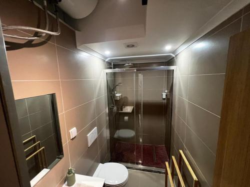 a small bathroom with a shower and a toilet at Cosy Apartment Queluz By Gt House in Queluz