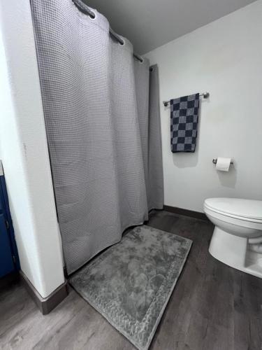 a bathroom with a shower and a toilet and a rug at Prime Lakefront on Moses Lake in Moses Lake