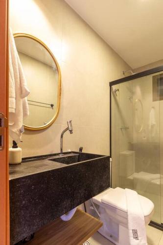 a bathroom with a sink and a toilet and a mirror at Studio vista mar - Milagres - AL in Pôrto de Pedras