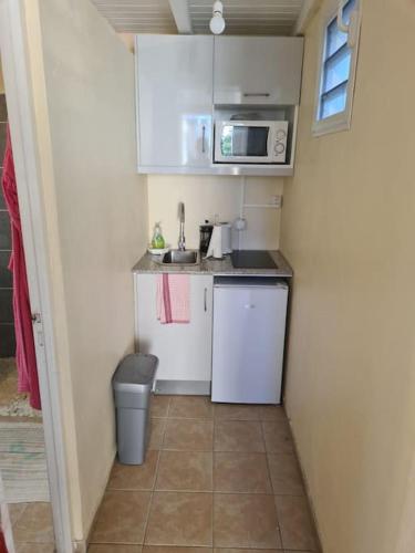 a small kitchen with a sink and a microwave at Charmant studio avec terrasse in Baie-Mahault