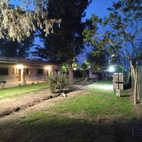 a house with a tree and a yard at night at Antigua casa de bodega pax 4 in Maipú