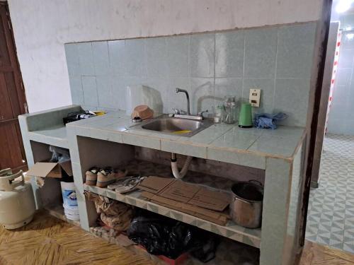 a kitchen with a sink and a cat under it at La Casa de More in Tizimín
