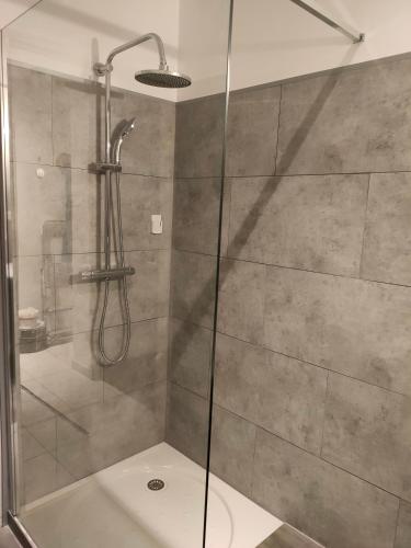 une douche avec une porte vitrée dans une salle de bain dans l'établissement maison de vacances locquirec, à Locquirec