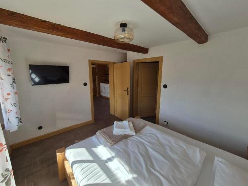 a bedroom with a bed and a mirror at Bacmańska Chata z pięknym widokiem przy szlaku jacuzzi Beskidy in Złatna