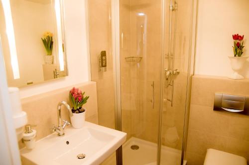 W łazience znajduje się umywalka i prysznic. w obiekcie Gasthof Rabenwirt w mieście Pullach im Isartal