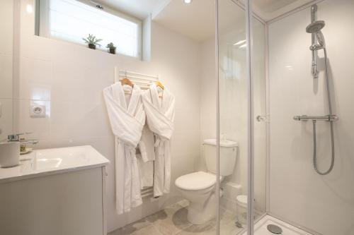 Un baño con ducha, inodoro y lavabo. en Les Demeures du Tonnelier ''La Maison Pini'', en Saint-Romain