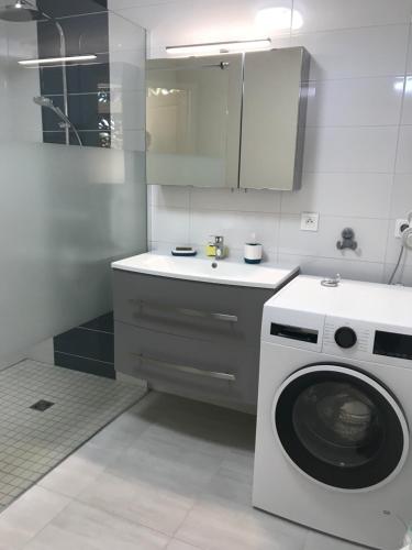 une cuisine avec une machine à laver et un évier dans l'établissement Super studio coup de cœur, à Niort
