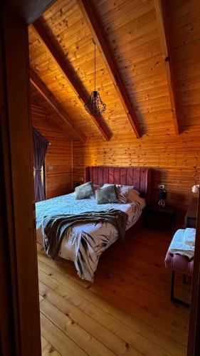 a bedroom with a bed in a wooden cabin at Villa Kei in Tirana