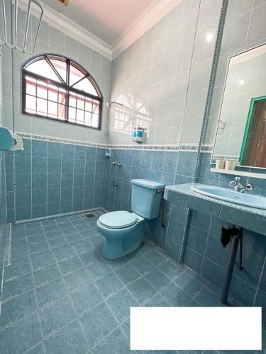 a bathroom with a blue toilet and a sink at Ling's Homestay Miri in Miri
