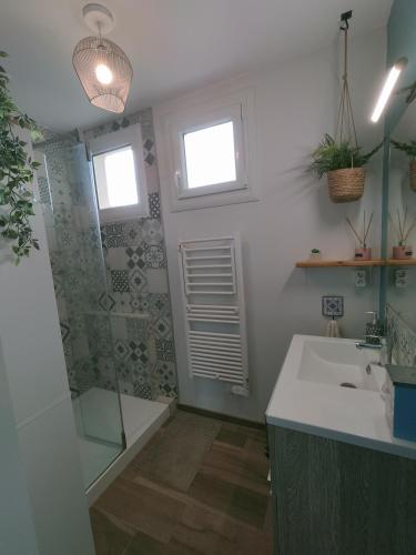 une salle de bain avec un lavabo et une douche dans l'établissement Maison au calme, à Bournainville