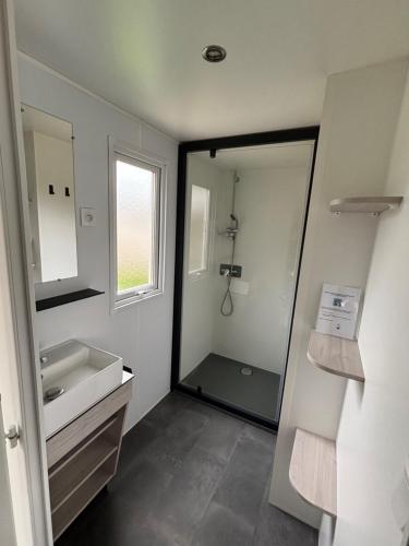 une salle de bain avec un lavabo et un miroir dans l'établissement Camping de la Plage, à Marck