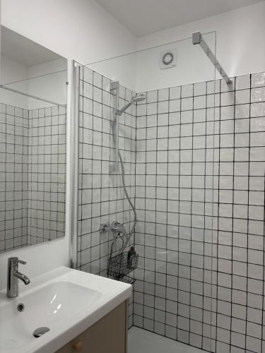 a bathroom with a shower with a sink and a mirror at Raphaël - T2 centre historique in Le Puy en Velay