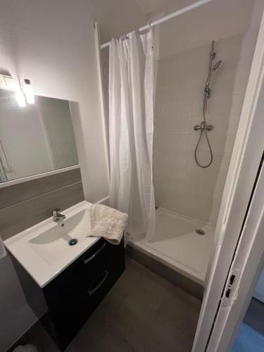une salle de bain blanche avec un lavabo et une douche dans l'établissement Studio Distillerie, à Narbonne