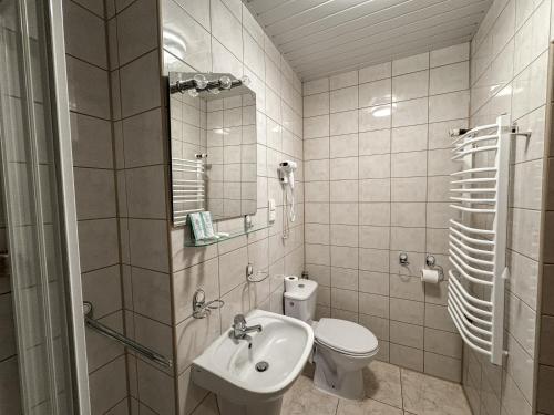 a bathroom with a toilet and a sink at Hotel Echo in Cedzyna