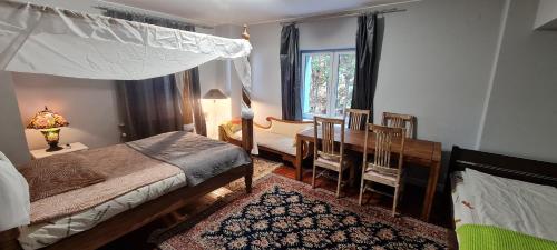 a bedroom with a bed and a desk and a window at Michalowice Residence in Michałowice