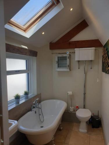 a bathroom with a tub and a toilet and a skylight at Quay House Luxury Living for 10 & Private Parking in Topsham