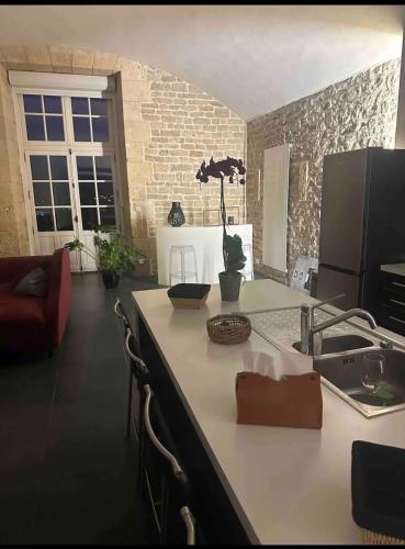 une cuisine avec un évier et un plan de travail dans l'établissement Loft de charme avec terrasse et jardin au Fort d’Asfeld, à Sedan