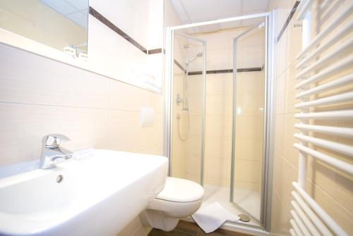 a bathroom with a toilet and a sink and a shower at Hotel Weide in Satow