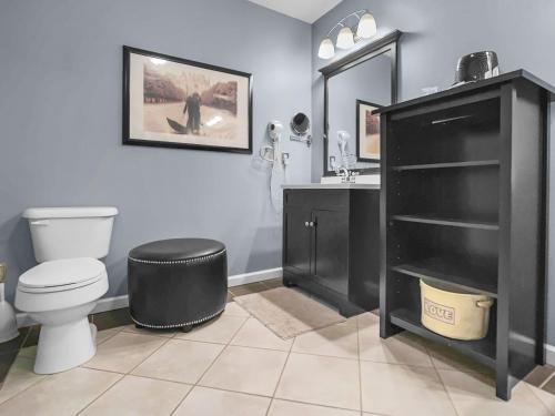 Summit205C Across From Village Sleep 10 VIEWS WiFi Fireplace في سنوشو: حمام به غطاء أسود ومرحاض