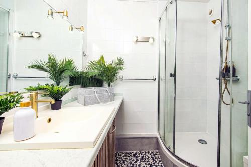 La salle de bains est pourvue d'une douche et d'un lavabo avec des plantes. dans l'établissement les terrasses, à Beausoleil