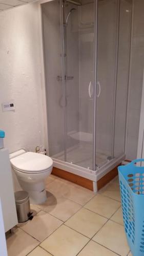 une salle de bain avec douche et toilettes dans l'établissement Petite Maison proche de la plage, à Grand-Fort-Philippe