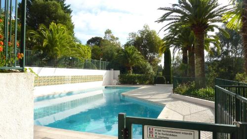 a swimming pool with a fence and palm trees at Plein Soleil in Mandelieu-la-Napoule