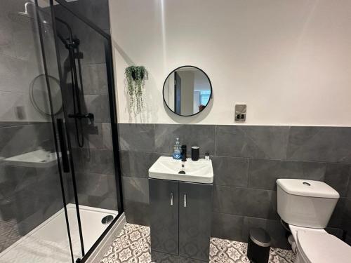 a bathroom with a shower and a toilet and a mirror at City Centre Apartments - 1 Bed Apartments - 5 Min Walk from Train Station - Designed for Professionals - Free WiFi - Full Kitchen - Sofa Bed - Ideal for Long Work Stays in Peterborough