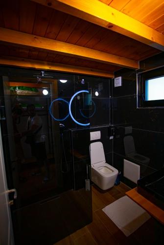 a bathroom with a shower with a toilet in it at Hotel & Restorant Flamuri in Lushnjë