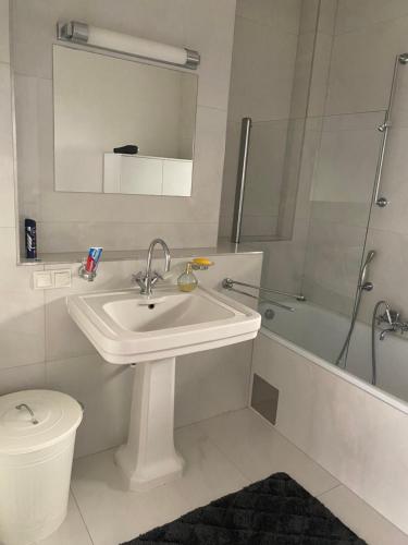 Un baño con lavabo, inodoro y ducha. en Pension Sanela, en Neunkirchen