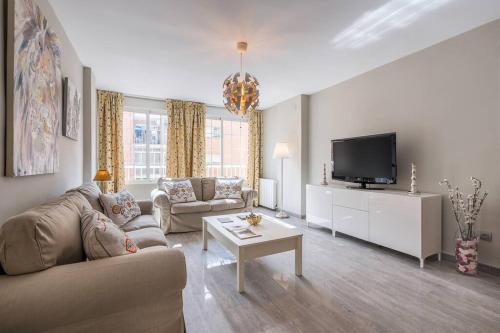 a living room with a couch and a tv at Luxury suite Reino de Granada in Granada