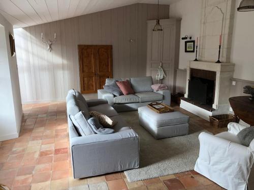 a living room with two couches and a fireplace at un séjour de rêve au calme rétaise in Sainte-Marie-de-Ré