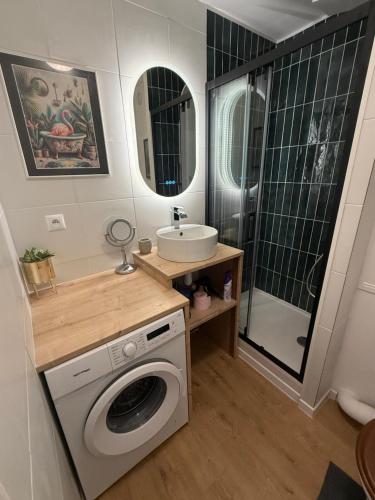 une salle de bain avec une machine à laver et un lavabo dans l'établissement Le Fancy - 6 pers, proche Stade, centre commercial, à Villeneuve-la-Garenne