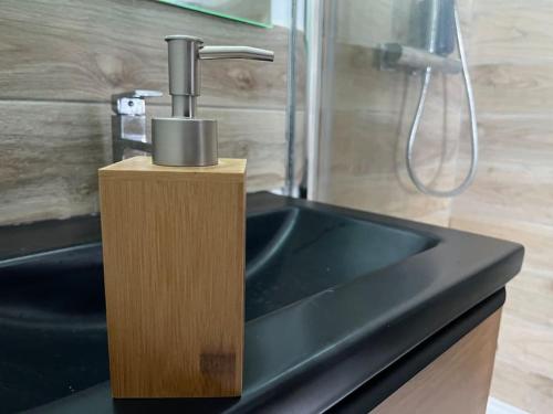 - un lavabo dans la salle de bains avec un distributeur de savon dans l'établissement Le Bois Lumineux - T2 proche de la Gare, à Cambrai